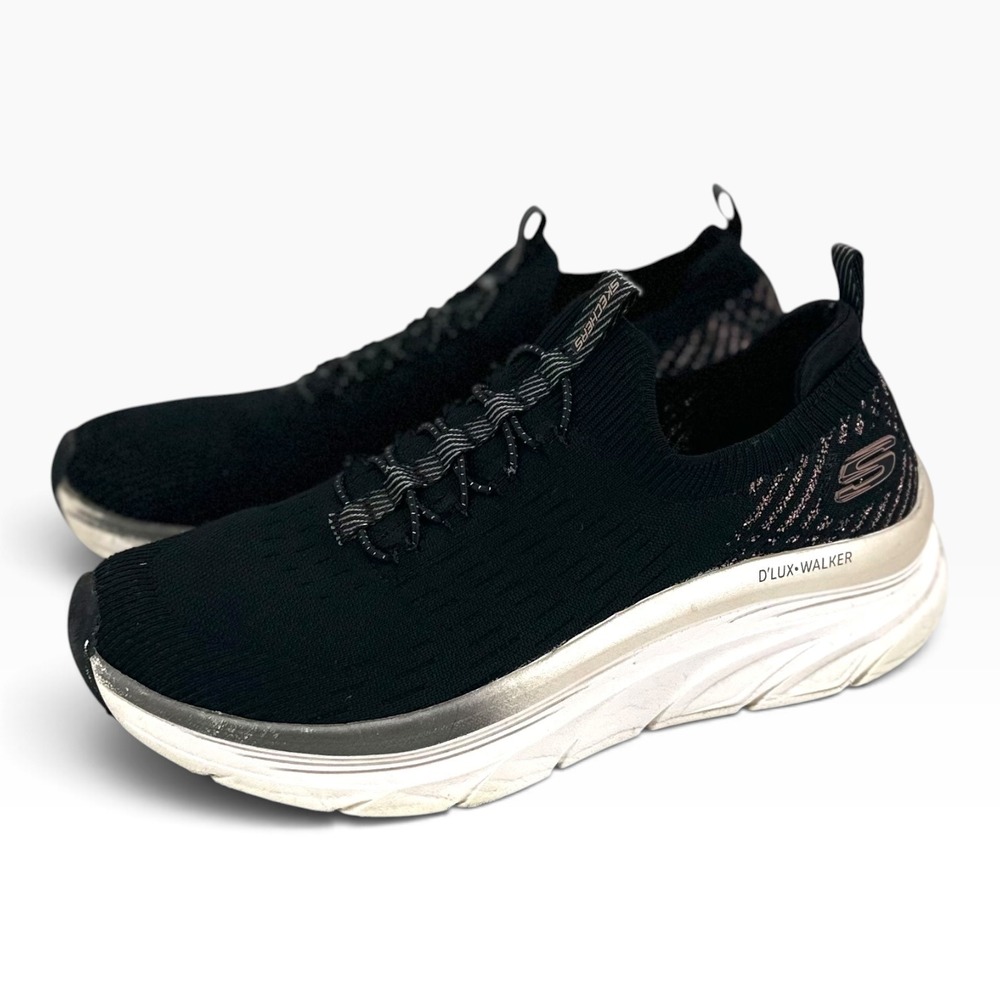 Skechers DLux Walker Womens Size 8 Black Rose Gold Knit Walking Sneakers *SEE